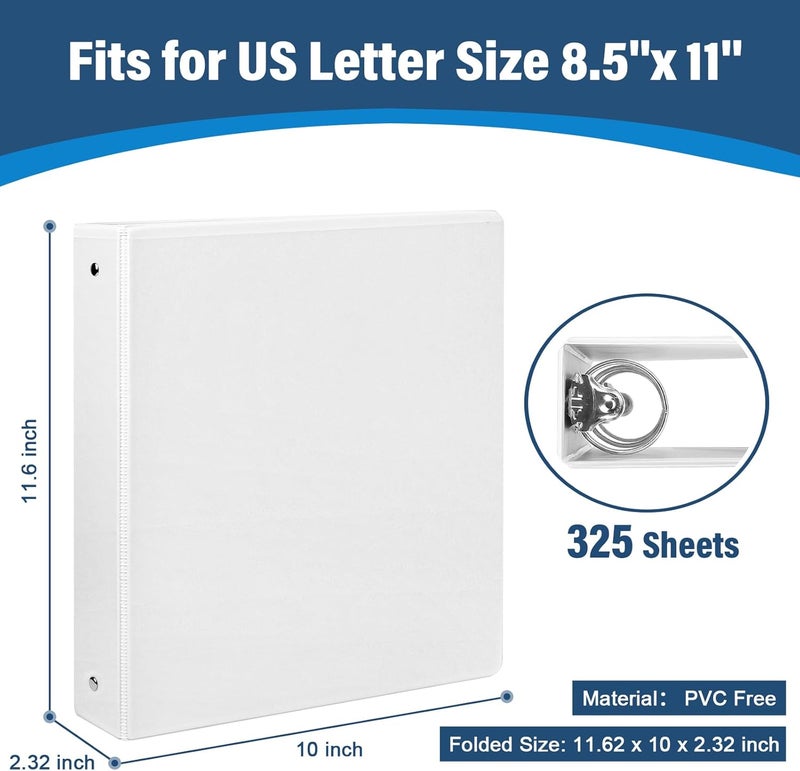 XRUNMIX 1.5-Inch 3-Ring Binder with Pockets, 1-1/2’’ Premium View Binders with Three Ring Binders Holds up to 325 Sheets US Letter Size, Bulk Pack of 6, Perfect for Home, Office, and School (1.5-inch) White - Image 2